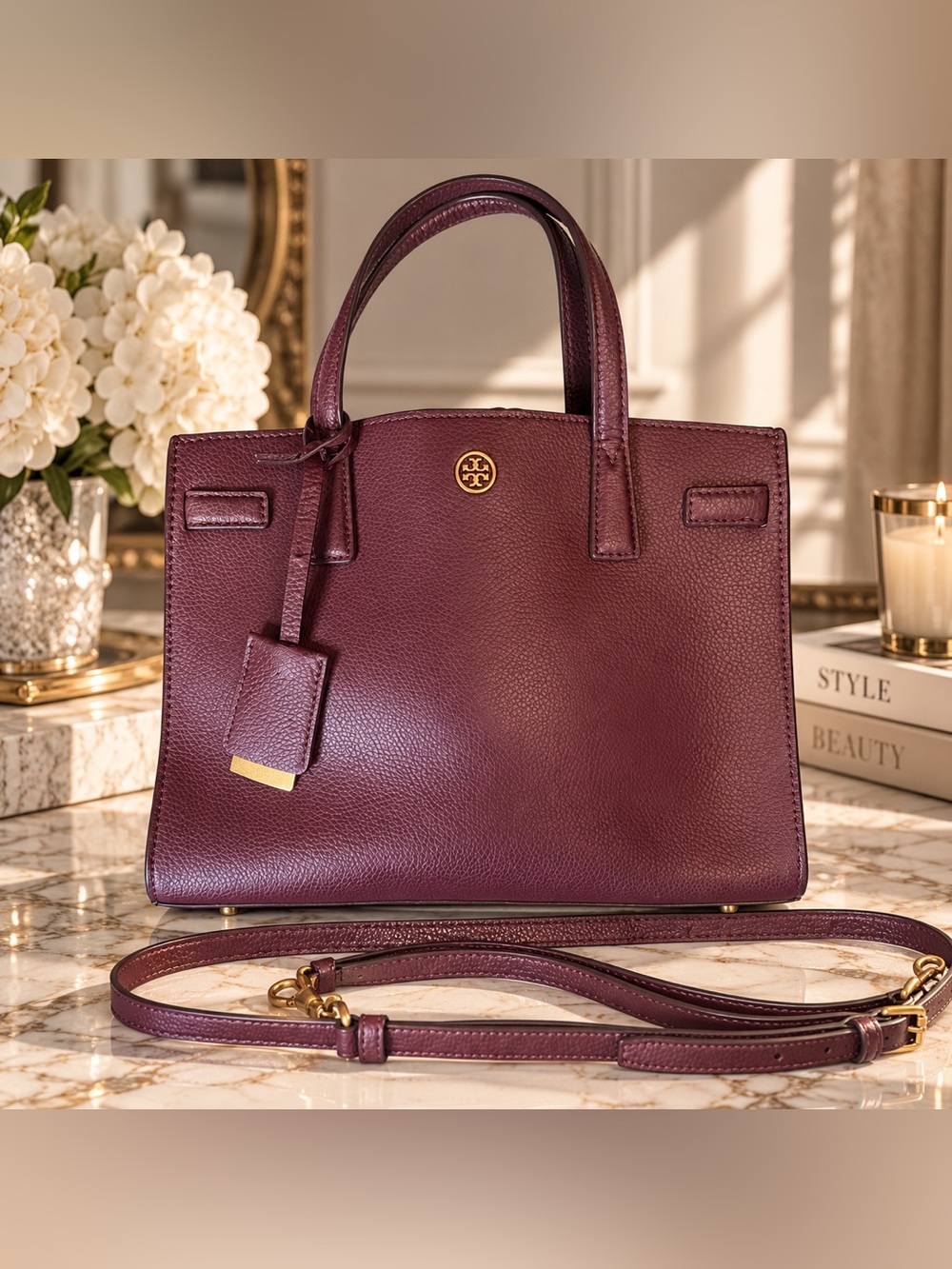 Tory Burch Walker Burgundy Wine Pebbled Leather Satchel Crossbody Bag